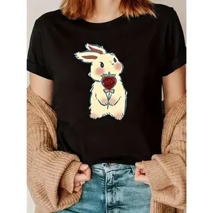 Women'S Cute Bunny Graphic Print T-Shirt, Short Sleeve Crew Neck Casual Top for Summer & Spring, Soft Fabric with Rose Design, Casual Wear |   Playful Design |   Rose Motif, Bunny T Shirt custom women