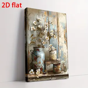 1 Piece Country Style Floral Canvas Print with Wooden Frame - Waterproof Jasmine and Vintage Watering Can Wall Art, Suitable for Living Room, Bedroom, Anniversary, and Parties