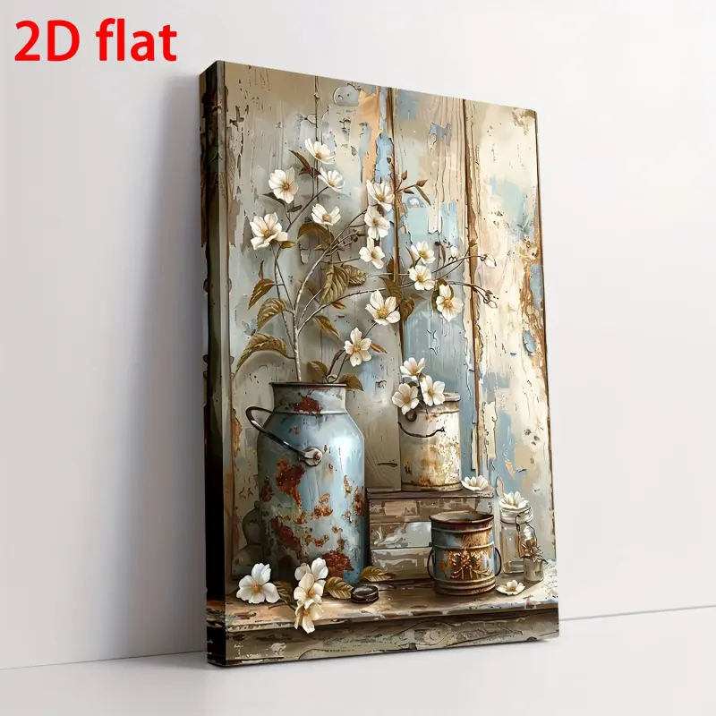 1 Piece Country Style Floral Canvas Print with Wooden Frame - Waterproof Jasmine and Vintage Watering Can Wall Art, Suitable for Living Room, Bedroom, Anniversary, and Parties