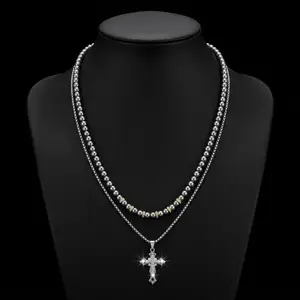 Men’s Layered Cross Necklace Set – 2-Piece Double Loop Imitation Pearl, Hypoallergenic & Rustproof, Shiny Metal for Beach, Party, Wedding or Daily – Couple Gift