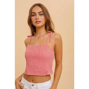 Cherry Shoulder Tie Strap Fit And Flare Gingham Crop Top