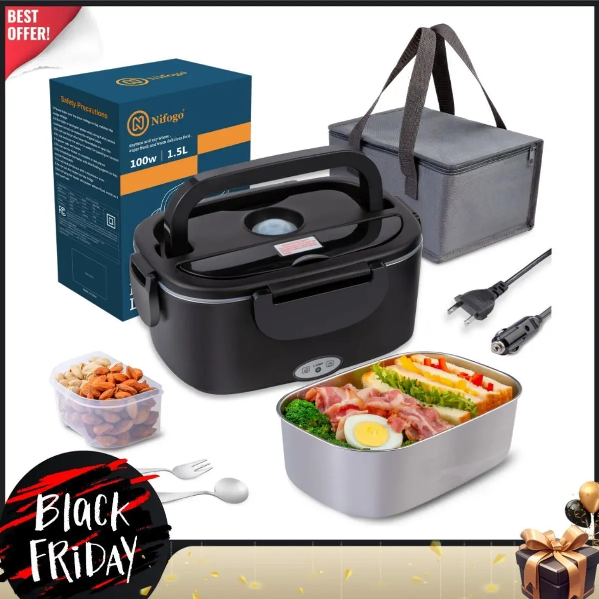 Nifogo Portable Electric Heating Lunch Box - Leakproof Bento Box, 1.5L/1.8L Personal Container with Bag & Tableware, 110V-12V-24V for Car & Work, Portable Food Storage Kitchenware
