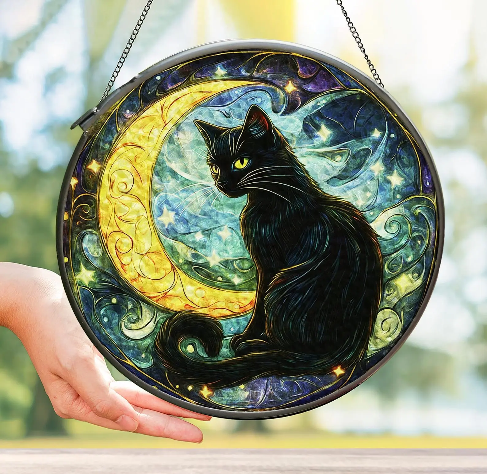 Whimsical Gothic Celestial Black Cat Moon Acrylic Suncatcher Window Hanging Ornament, Starry Night Stained Glass Look Sun Catcher, Cozy Witchy Home Decor Gift for Cat Lovers