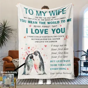 Soft Plush Blanket with Digital Penguin Print, Perfect Gift for Wife Birthday, Cozy Flannel Bedding for Adults, Sofa Camping Use