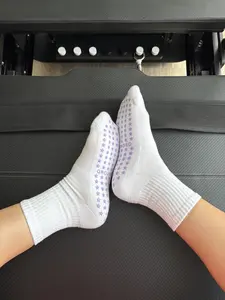 Grounded Pilates Barre Socks – White Crew Grip Socks with Lavender Star Grips – One Size Fits All – Non-Slip, Stretchy, Breathable Cotton Blend for Pilates, Barre & Yoga