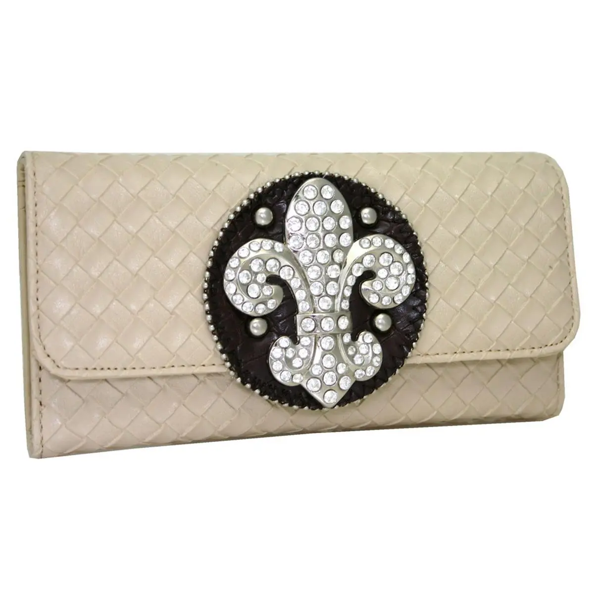 212 MAIN Women's Trifold Simulated Leather Wallet - Beige, Woven Texture, Fleur De Lis Design, Magnetic Snap Closure, Rhinestone Accents, Trifold Wallet