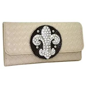 Gold Rush  Women Wooven Rhinestone Fleur De Lis Wallet - Beige