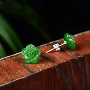 Natural Hand Carved Elegant Amethyst Green Gemstone Rose Flower Earring Dainty Minimalist Stud Earring for Women Girl Gift