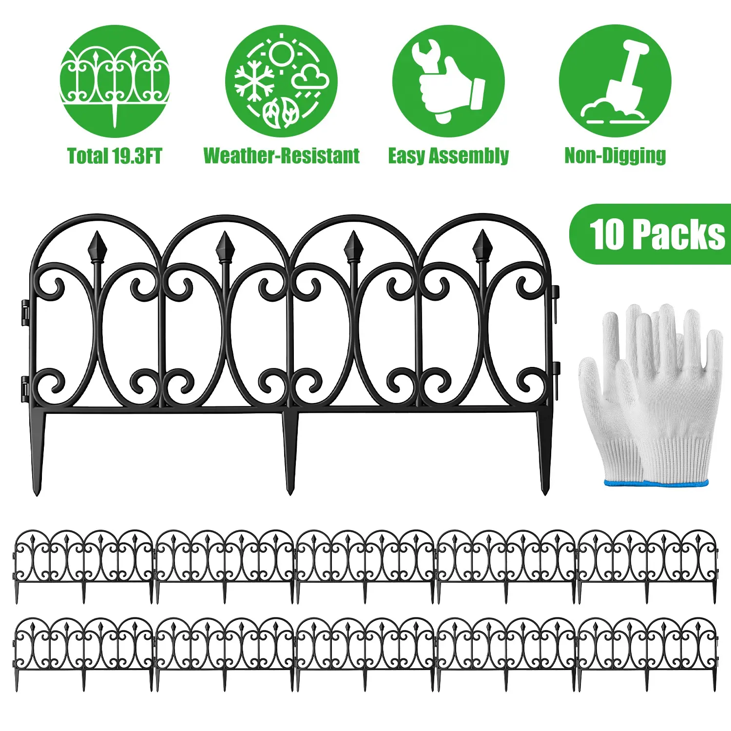 10 Packs Garden Decorative Lawn Edging Border PP Garden Fence Panels Easy Assembly Outdoor Flower Bed Landscape Fencing No-Dig Spikes with Gloves Tota,summervibes