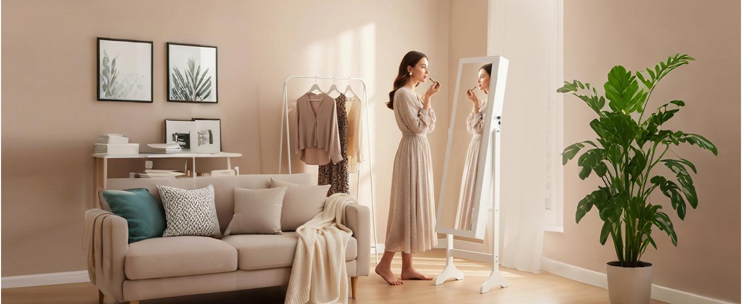 Freestanding Jewelry Armoire Cabinet, 47.3-Inch Full Length Jewelry Organizer Standing Mirror, Tall Lockable Large Capacity Makeup Organizer Storage, Velvet Lining, 3 Angles