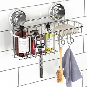 Suction Cup Shower Caddy Basket for Shampoo, Shower Suction Shelf Organizer, Basket with Soap Holder and Hooks, Stainless Steel Shampoo Holder for Bathroom Storage, Chrome