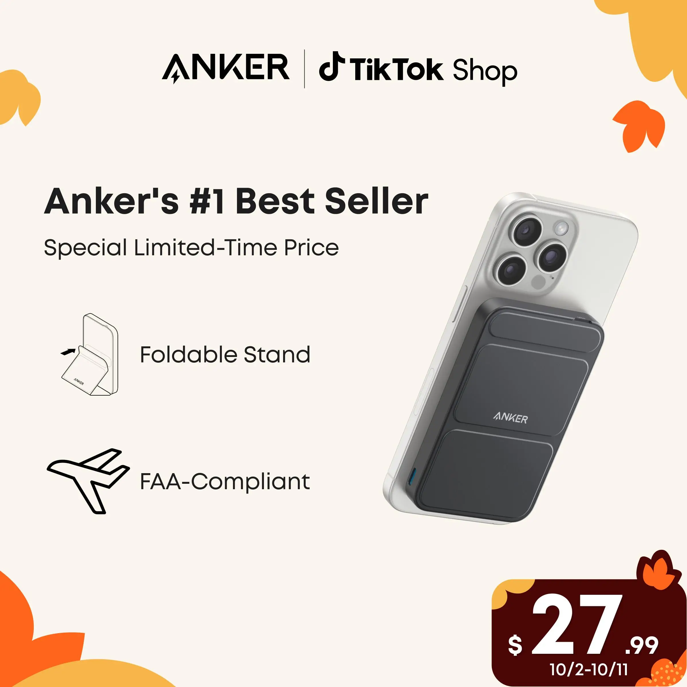 Anker Magnetic Power Bank, Built-In Foldable Stand, USB-C Port on the Side, 5,000mAh Capacity, Perfectly Compatible with iPhone 17/16/15/14/13 Series