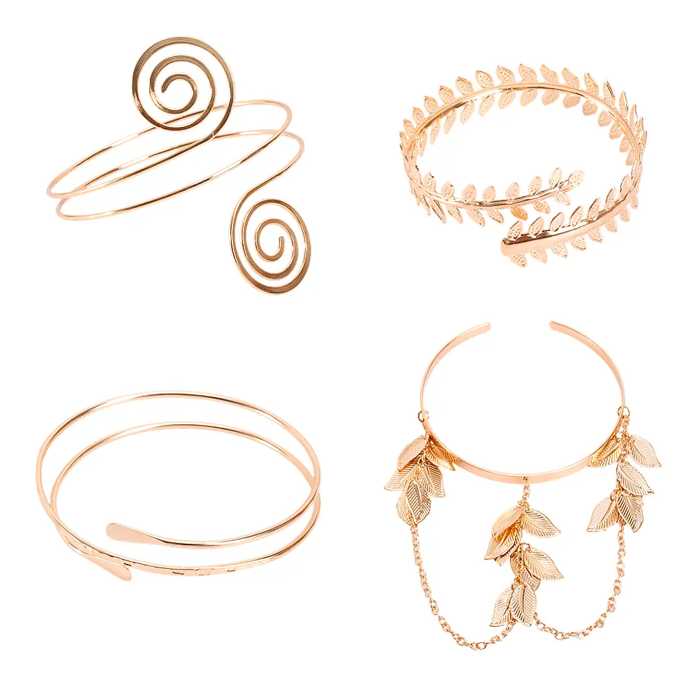 Women's 4-Piece Arm Cuff Set - Minimalist Goth, Leaf, Feather & Wide Band Upper Arm Bangles, Adjustable Armlets for Parties, Fashionable Jewelry Accessories, Minimalist Cuff Bangle