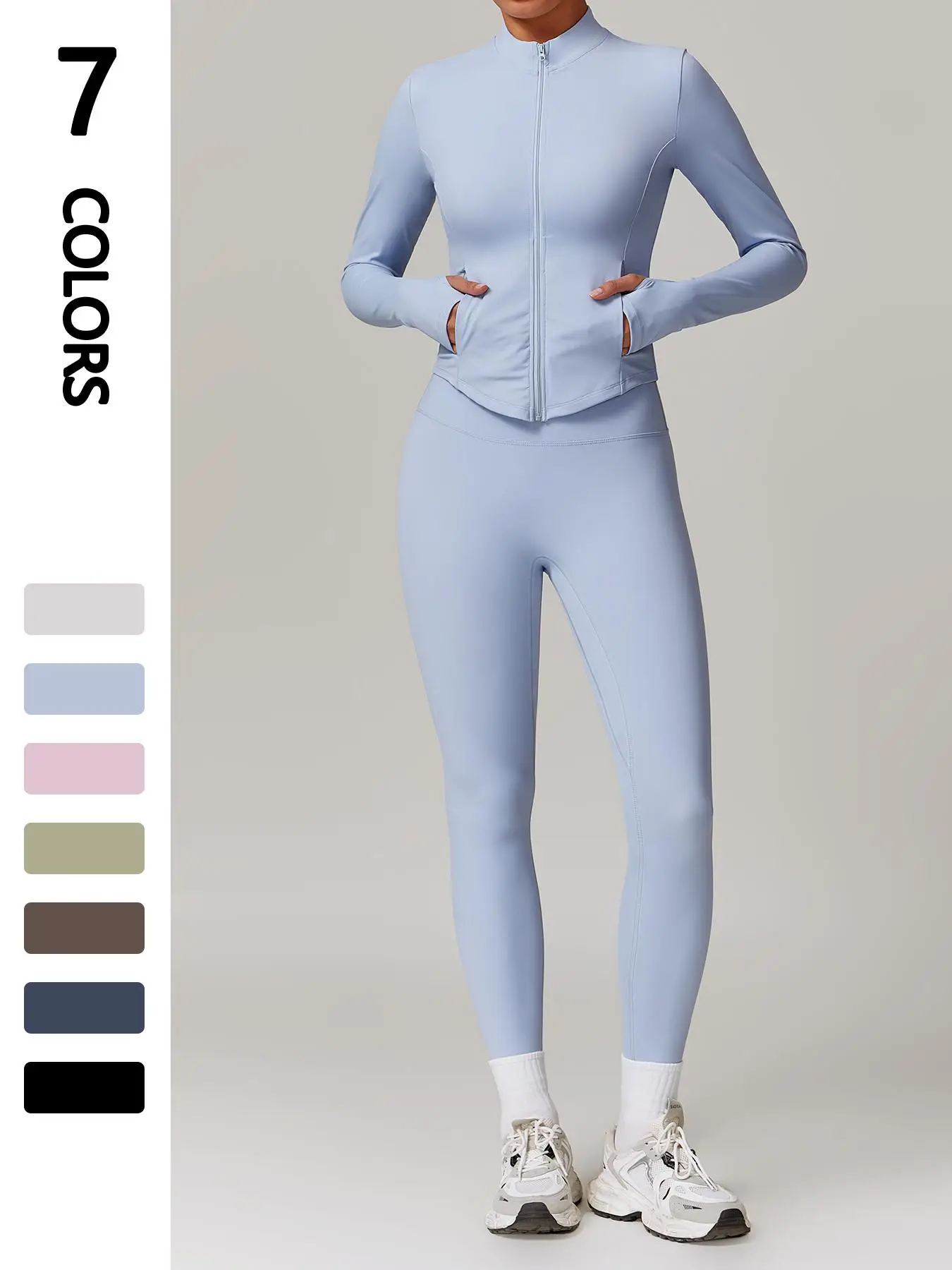 Sporty Two-piece Set Women's Thermal Lined Pocket Zip Up Jacket & Leggings Sports Set, Sports Mock Neck Thumb Hole Outerwear & Skinny Pants Set for Yo