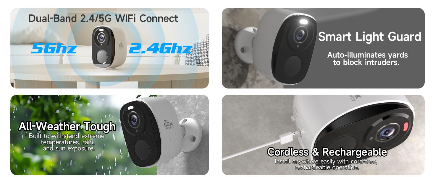 5G/2.4G Wi‑Fi outdoor wireless security camera, 2K outdoor wireless cameras for home security with AI detection, siren, color night vision, IP66 waterproof, two-way audio, works with Alexa and supports Matter (W1), 1 piece
