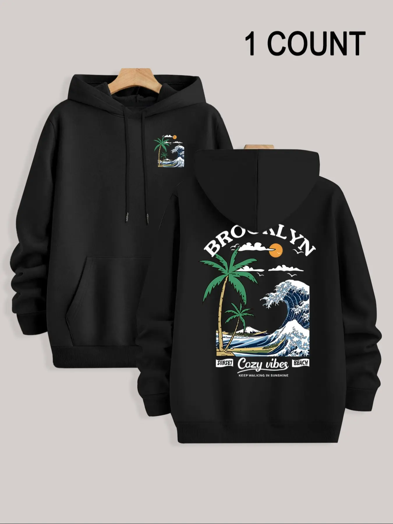 Men's Letter Palm Tree Wave Pattern Printed Graphic Hoodie, Casual Fitted Hoodie for Spring & Fall, Unisex Stylish Casual Fashion Sweatshirt, Casual Drawstring Hooded Casual Sweatshirts