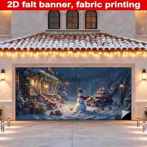 Christmas Garage Banner, Durable Polyester Material, Snowman with Hat, Vintage Car, Festive Holiday Decoration