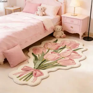 Pink tulip special-shaped carpet tulip bouquet three-dimensional bedroom decoration plush carpet, Fluffy Rug, fluffy soft living room, cloakroom, balcony, coffee table non-slip warm home floor mat