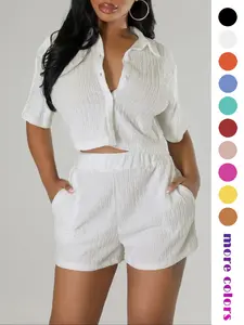 Two-piece Set Women's Textured Button Front Shirt & Elastic Waist Shorts Set, Chic Casual Style Versatile Short Sleeve Collared Top & Pocket Design Shorts, Elegance Two-piece Outfits for Women, Womenswear, Matching Clothing Set