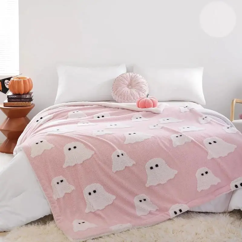 Halloween Pink Ghost Soft Flannel Throw Blanket with Cute Black and Pink Spooky Art, Ghost Pattern Blanket for Halloween Bedroom Decor, Movie Night Sofa Throw and Cozy Fall Room Accent.For all ages