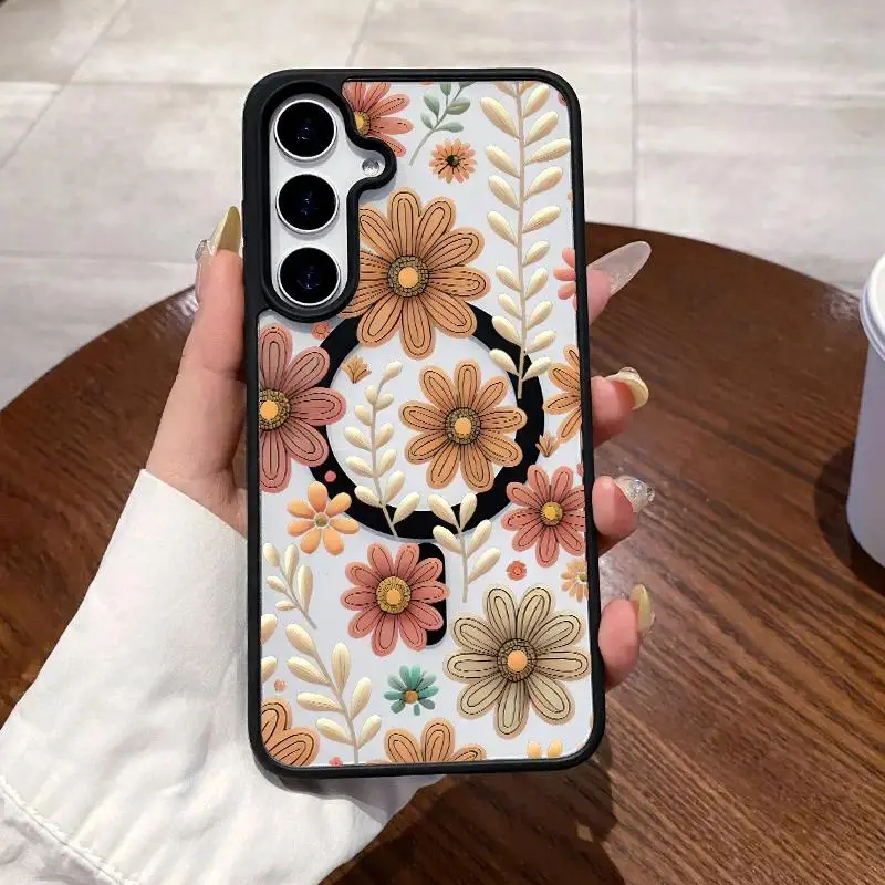 Magnetic Phone Case for Samsung Galaxy S26 S23 Ultra S24 Plus S25 S22+ Brown Flowers Pattern TPU Fashion Shockproof Anti-Scratch Stylish Smartphone Cover