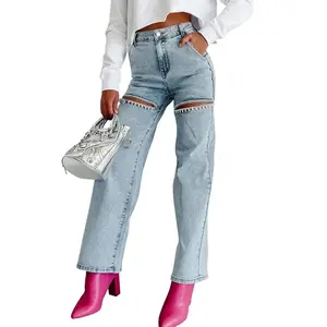 Summer Autumn Clothes Fashion Women's Rhinestone Cutout Straight Jeans American Streetwear High Waisted Loose Wide Leg Party Denim Trousers Womenswear Bottom Check Pants Fitted