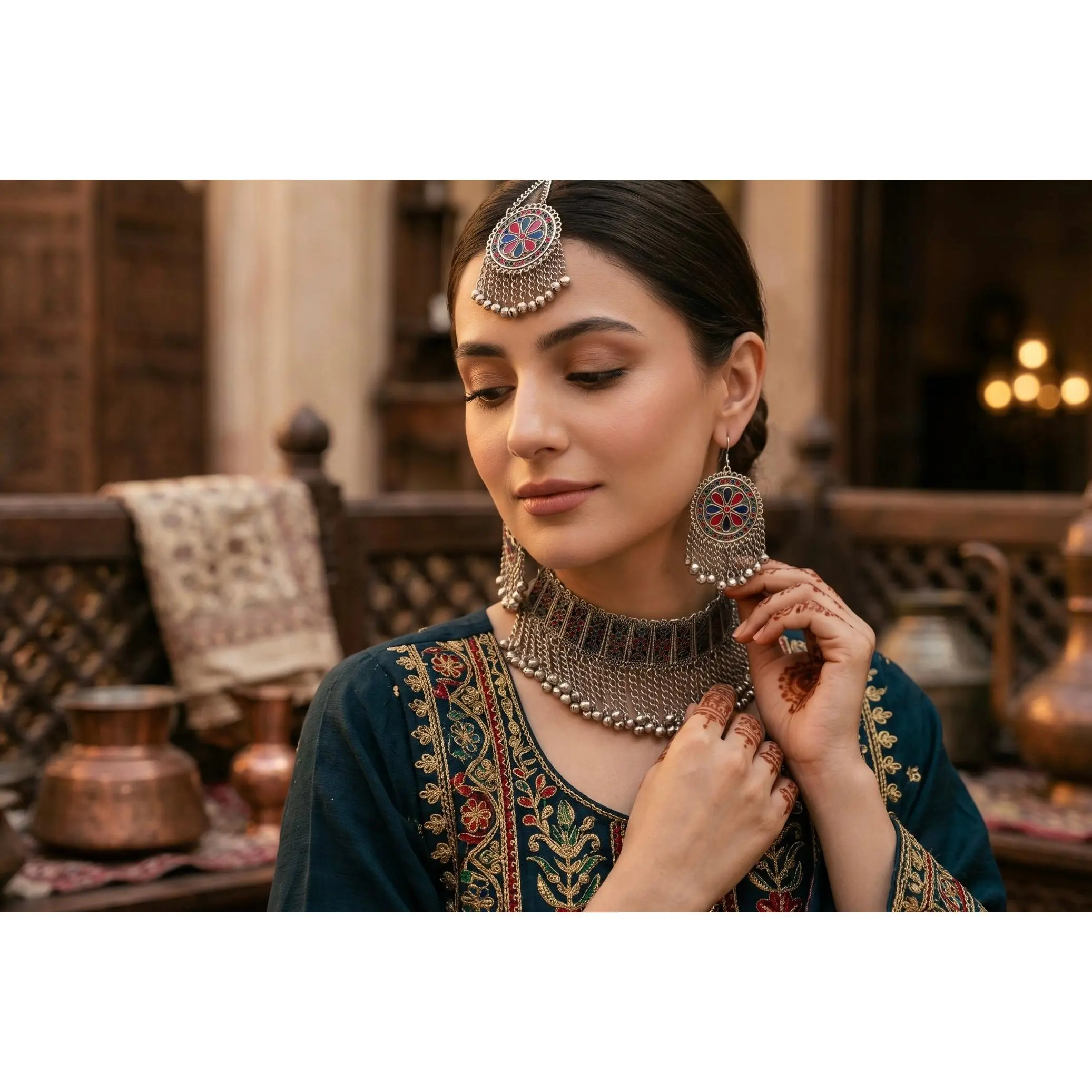 Traditional 4-Piece Afghan Tribal Jewelry Set – Vintage Silver-Tone Choker Necklace with Matching Earrings & Headpiece | Kuchi Boho Statement Jewelry for Women 013