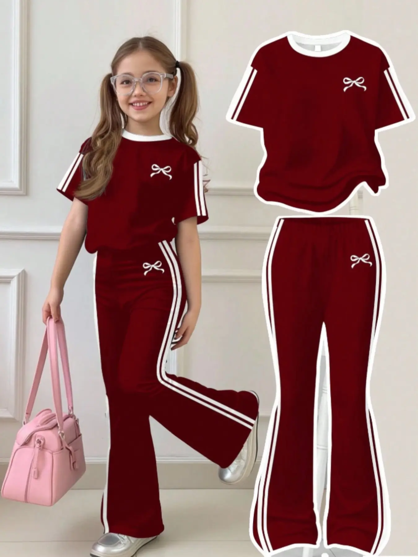 Vintage Striped, Mini Bow Design, Tween Girl Casual Minimalist Stripes Loose Round Neck Short Sleeve T-Shirt and Bell Pants Set, Matching Set, Summer Wear, Striped Sets, Summer Clothes Set, Summer Clothing Set