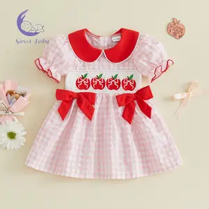 Little Girls Back to School Dress Adorable Apple Embroidery Short Sleeve Doll Collar Plaid Dress