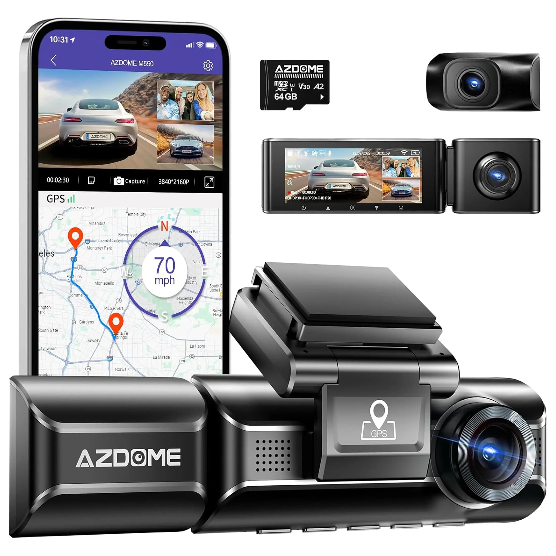 AZDOME M550 3 Channel Dash Cam, Front Rear and Inside 3 Cameras, Built-in WiFi & GPS, Free 64GB Card 24H park monitor 3-Lens Dash Cam with Loop Recording Wide Angle HD Car 3-Channel WiFi Car Camera DealsforYouDays