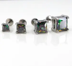 Rainbow Surgical Steel Stud Earring: Threadless Princess Cut Prong Set Labret Nose Ring
