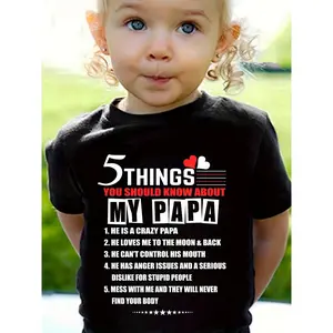 5 Things You Should Know About My Papa" - Girls' Humorous Black Cotton T-Shirt, Comfy Short Sleeve Crew Neck with Playful Letter Print, Ideal for Summer, Humorous Graphic Tee | Loose Fit Tshirt | 100% Cotton Tee