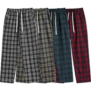 Men's Trendy Retro Loose Plaid Pants, Spring and Autumn Thin Straight Drawstring Trousers, High-End Color-Block Slim Long Pants, Suitable for Everyday Casual Wear