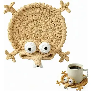 Funny Hand-Crocheted Squirrel Coaster, Cute Handmade 3D Animal Mug Rug, Novelty Knitted Cup Mat Desk Decor, Unique Whimsical Drink Coaster for Coffee & Animal Lovers (Yellow)