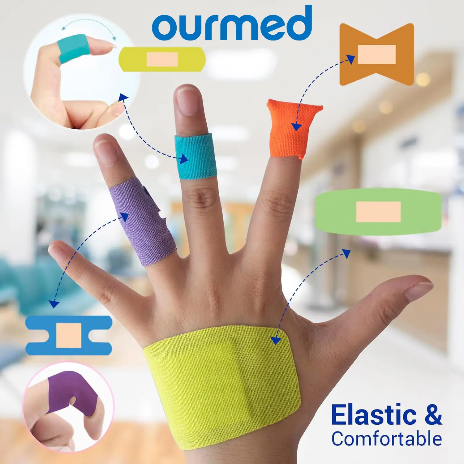 Ourmed Flexible Fabric Bandages (Flexible Tape) - 200 Count, Assorted Sizes, Rainbow Colors, Latex-Free, Breathable Long-Lasting Adhesive Bandages with Non-Stick Pads for First Aid Wound Care (Cuts, Scrapes)