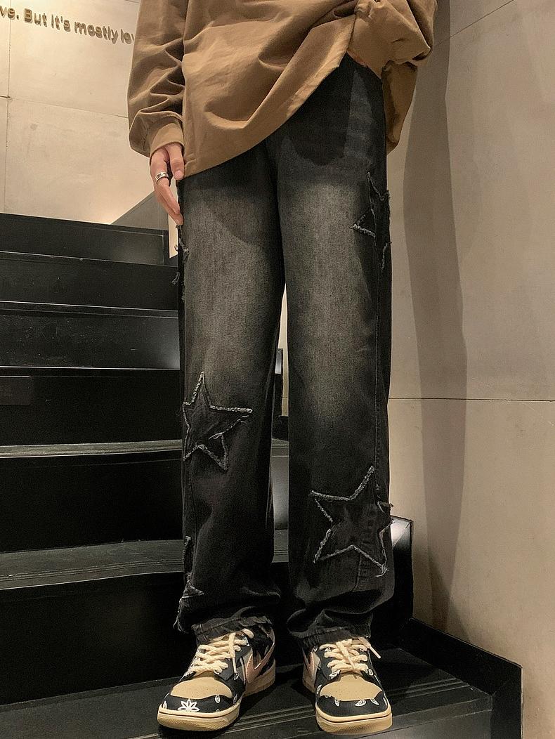 Jeans For Men or Women, High Street Cross Patch Embroidery, Loose Straight Wide Pants (button Holes Not Opened At Waist) Black Casual Streetwear Denim Beige Menswear Original Knife Traditional Trouser