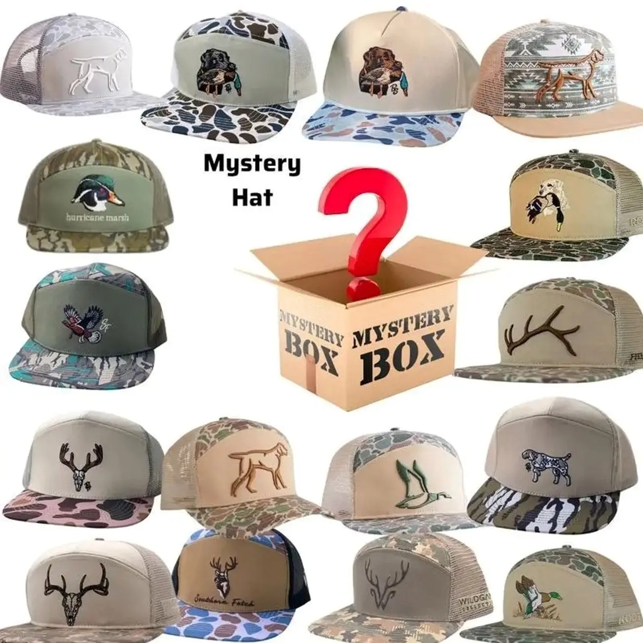 Mystery 1 Hunting 7 Panel Hat Sent ,Duck Hunting, Deer Skull, Antler Southern Marsh Fieldstone Bottomland Camo Azteca Snapback Mesh Unisex Camo Trucker Hat