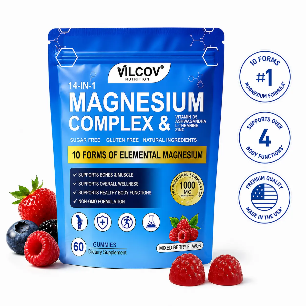 VILCOV 14-in-1 Natural Magnesium Vitamin Gummies - 10 Magnesium Types, 1000mg Mixed Berry Blend, Ashwagandha, D3, Zinc, L-Theanine - 60 Chewables for Calm, Bone Health & Nutrition Support