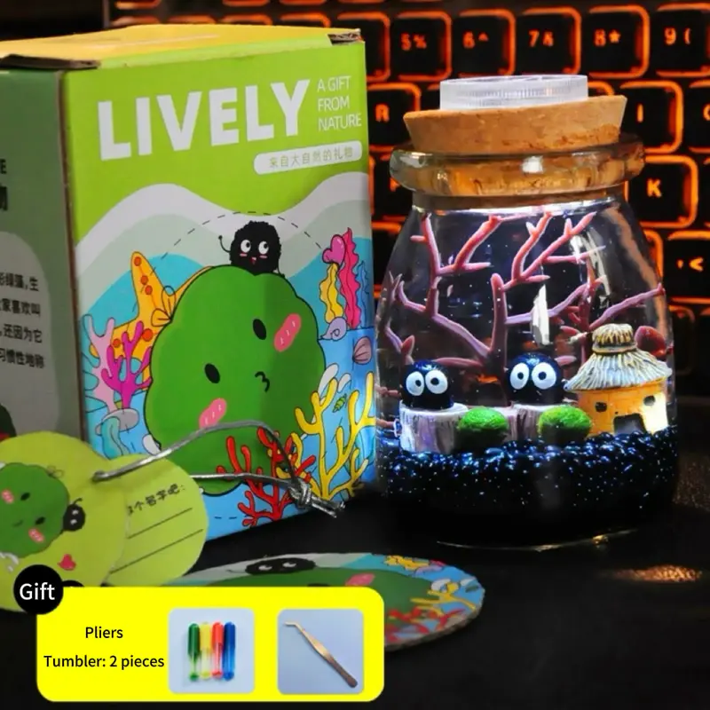 Enchanting Live Aquarium Plant Habitat - 3.5" H Marimo Micro-Landscape, Self-Sustaining Closed Ecosystem, Glowing Low-Maintenance Desk Decor for Calm Spaces (Includes LIVELY Moss Ball Pet)