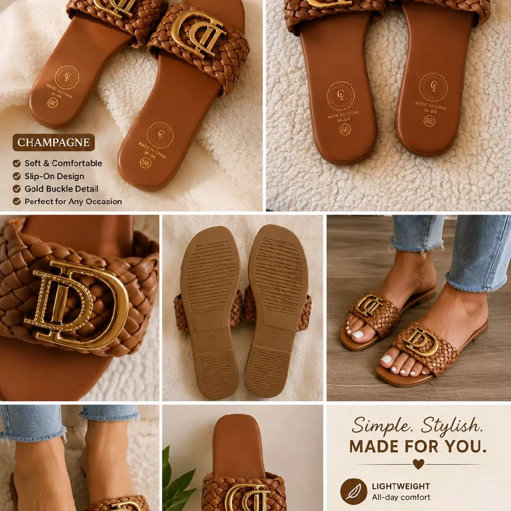 Women's Braided Slide Sandals with Gold Buckle – Casual Flat Slip-On Sandals
