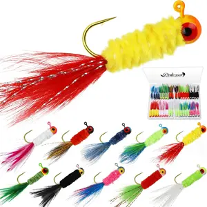 Crappie Jigs, Jig Heads with Feather Hand-Tied Marabou Jigs Ice| Fly Fishing Lures 10 Colors 1/32oz 1/16oz 1/8oz Fishing Hair Jigs for Panfish Sunfish Walleye 20-40pcs