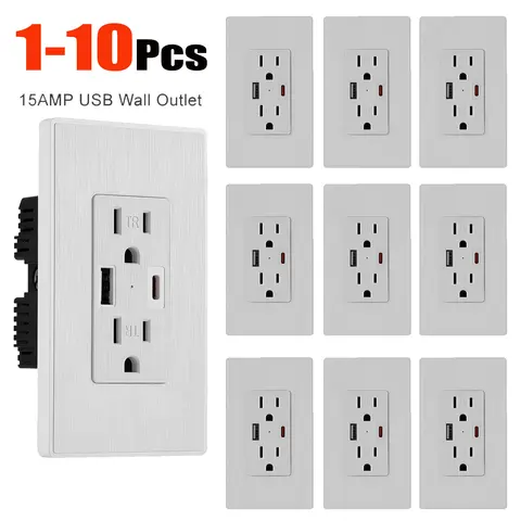 1-10Pcs USB Charger Wall Outlet 15 Amp Duplex Tamper Resistant Receptacle Plug with Type A & Type C Dual USB Ports Wall Plate Included White