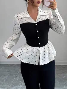 Elegant Chic Spring & Fall Polka Dot Print Shirt, Long Sleeve, Slim-Fitting Women's Blouse, Casual Commuter Style, Colorblock Design, Perfect for Office Wear, Top, Womenswear