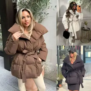 Winter Thickened Jacket Fashion Lapel Cotton Coat With Belt Warm Casual Top Outwear Women's Clothing