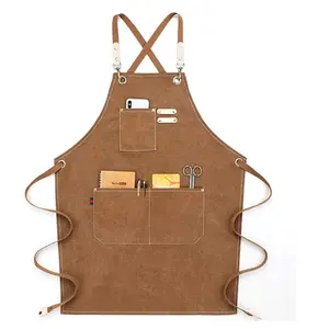 Chef Aprons for Men Women with Large Pockets, Cotton Canvas Cross Back Heavy Duty Adjustable Work Apron, Size M to XXL (Brown)