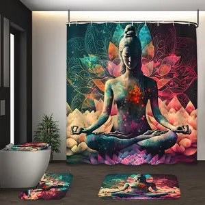 1/4Pcs Meditating Yoga Woman Chakra Color Splash Mandala Lotus Spiritual Zen Boho Modern Art Style Teal Pink Orange Dark Tone Shower Curtain Set 70.8×70.8 Inch