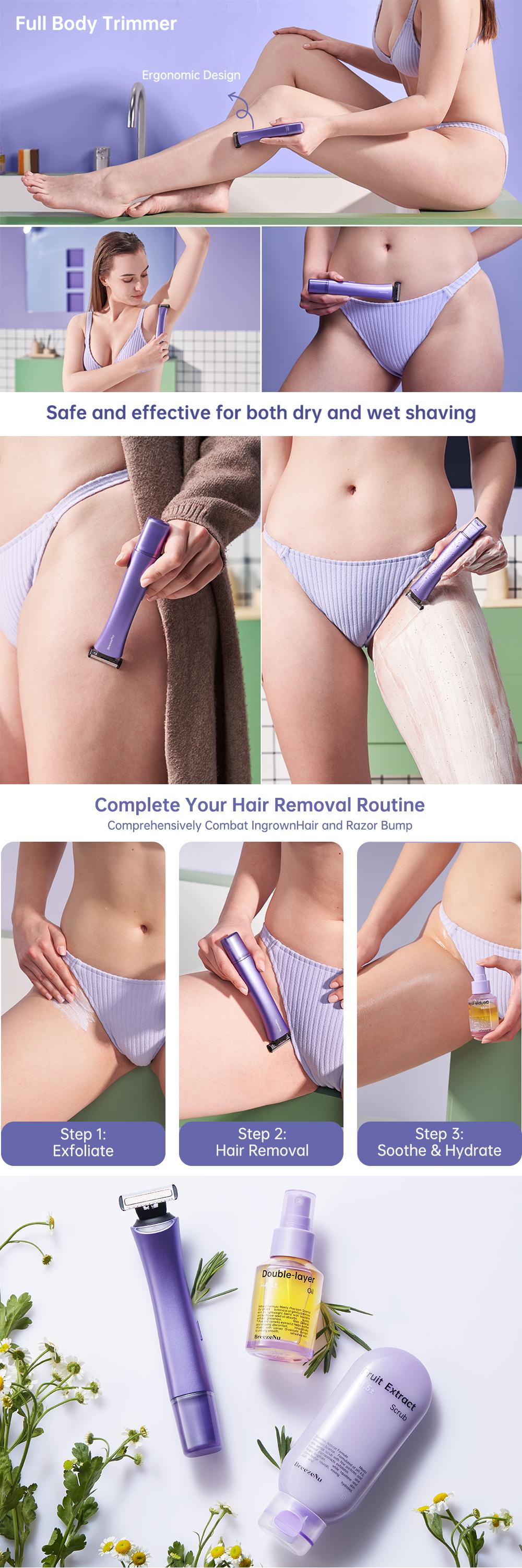 BreezeNu Bikini Trimmer for Women, Electric Shaver and Razor Rechargeable 2-in-1 Body and Facial Epilator, Dual Heads for Painless Trimming of Pubic Hair, Face, Underarms and Legs, Waterproof IPX7 Wet & Dry Use, Summer Self Care Gift