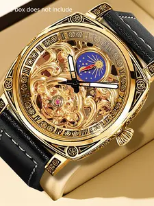 Men's black leather belt vintage fashion hollow out sun and moon phase fully automatic mechanical wrist watch