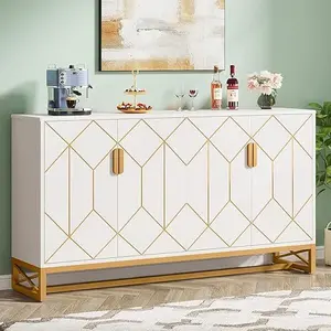 LITTLE TREE Buffet Cabinet with 2-Tier Storage, White and Gold 59 inches Sideboard with 4 Doors, Modern Wood and Metal Coffee Bar Storage Cabinet for Kitchen Dining Room Living Room
