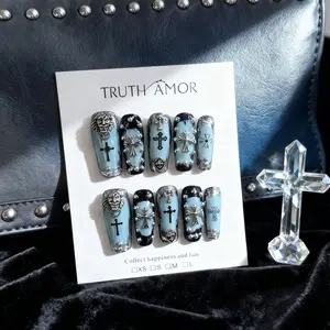 10pcs, Fake Nail, TRUTH AMOR Black-Red Dark-Style Mine-Style Press-On Nails (Metallic Gems & Black-Red Gradient), Gothic Punk Lolita Style, Removable, for Subculture Parties, Lolita Outfits & Dark-Style Enthusiasts, #MineStyleNails #BlackRedContrast